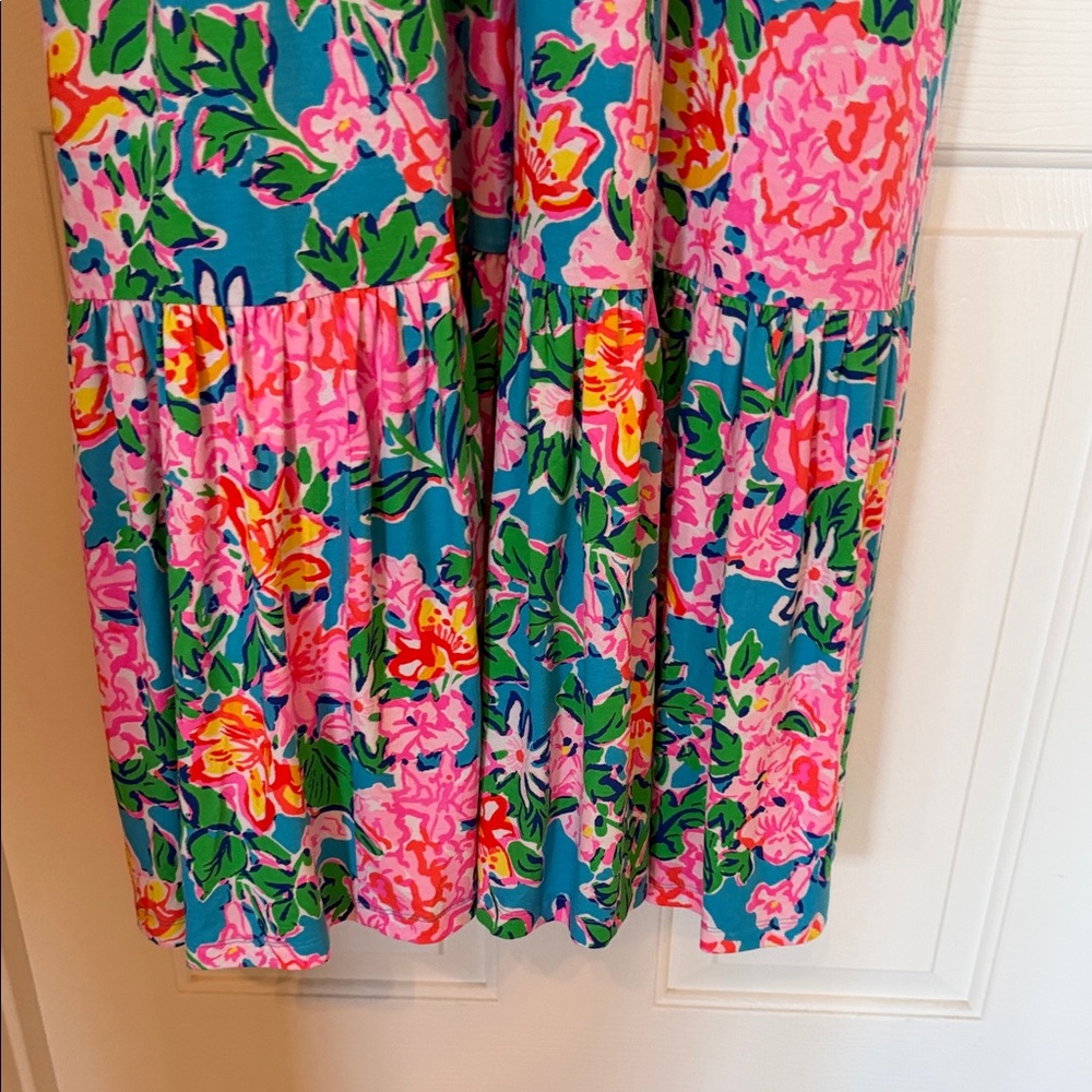 Lilly Pulitzer Floral V-Neck Ruffle Sleeve Maxi Dress in Teal, Pink & Yellow - Picture 4 of 10